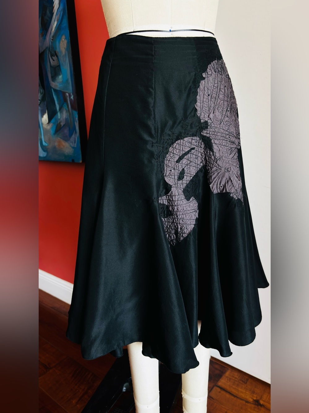 100% SILK - bebe Black A-Line Skirt with Gray Lace Panel